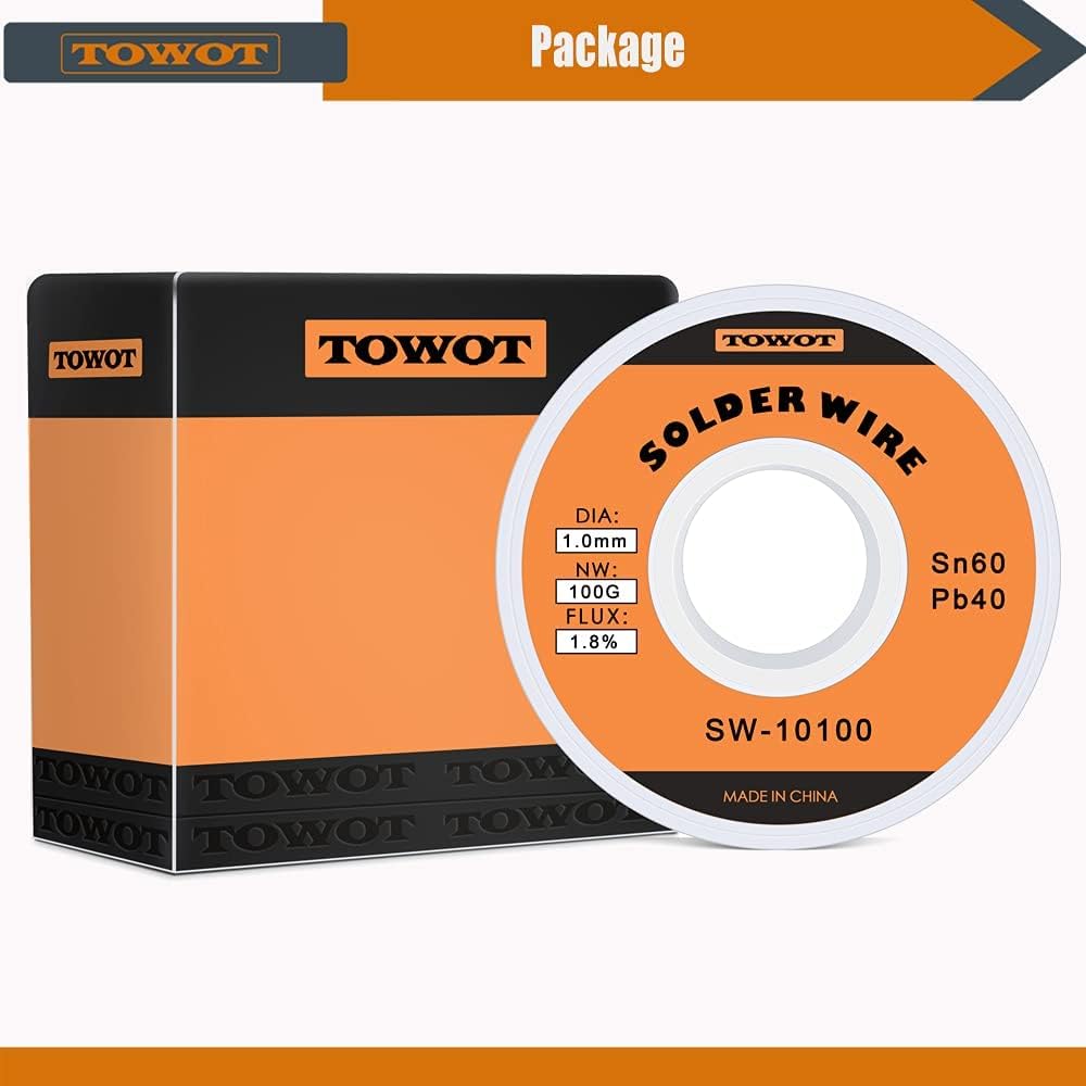 TOWOT Tin Lead Rosin Core Solder Wire for Electrical Soldering, Content 1.8% Solder flux Sn60-Pd40 (1.0mm, 100g) & Precision Tweezers, 5 PCS Machine Tweezers Made of Stainless Steel Heat Resistant fo