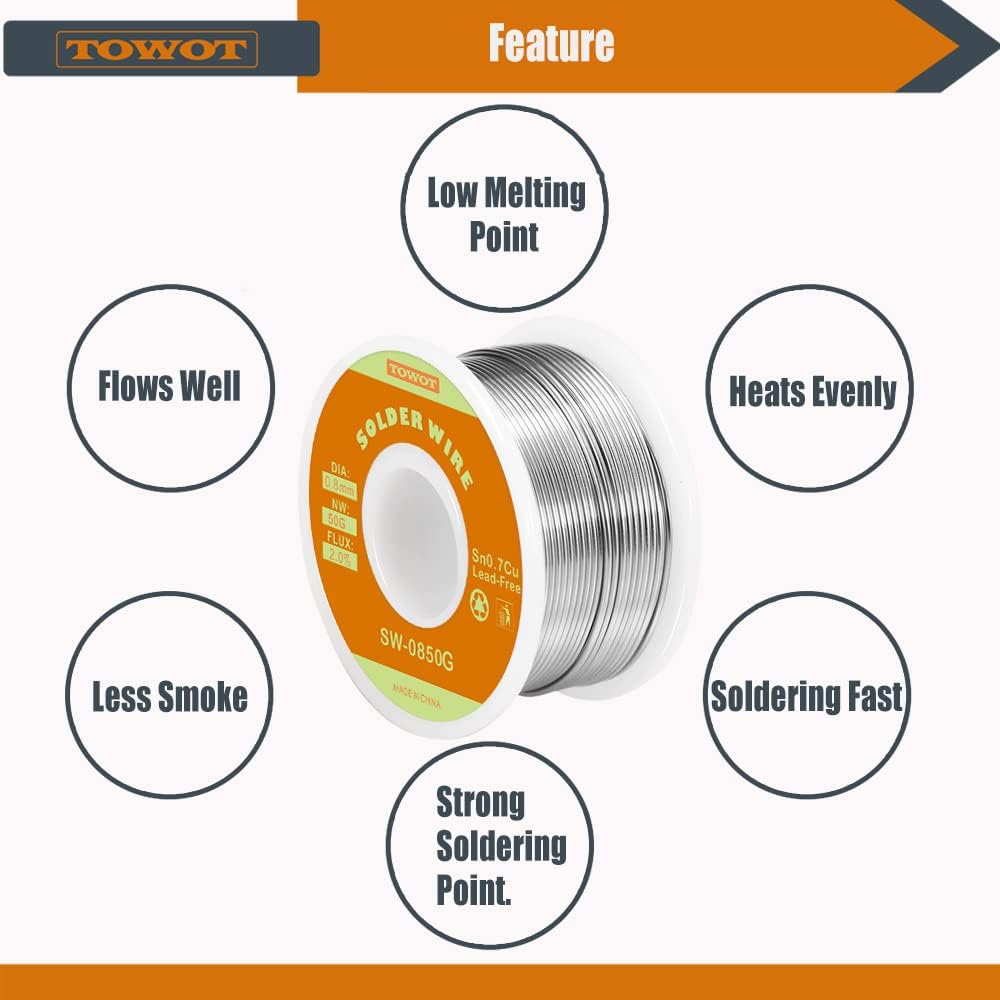 TOWOT Lead Free Rosin Core Solder Wire for Electrical Soldering, Content 2.0% Solder Flux Sn0.7Cu