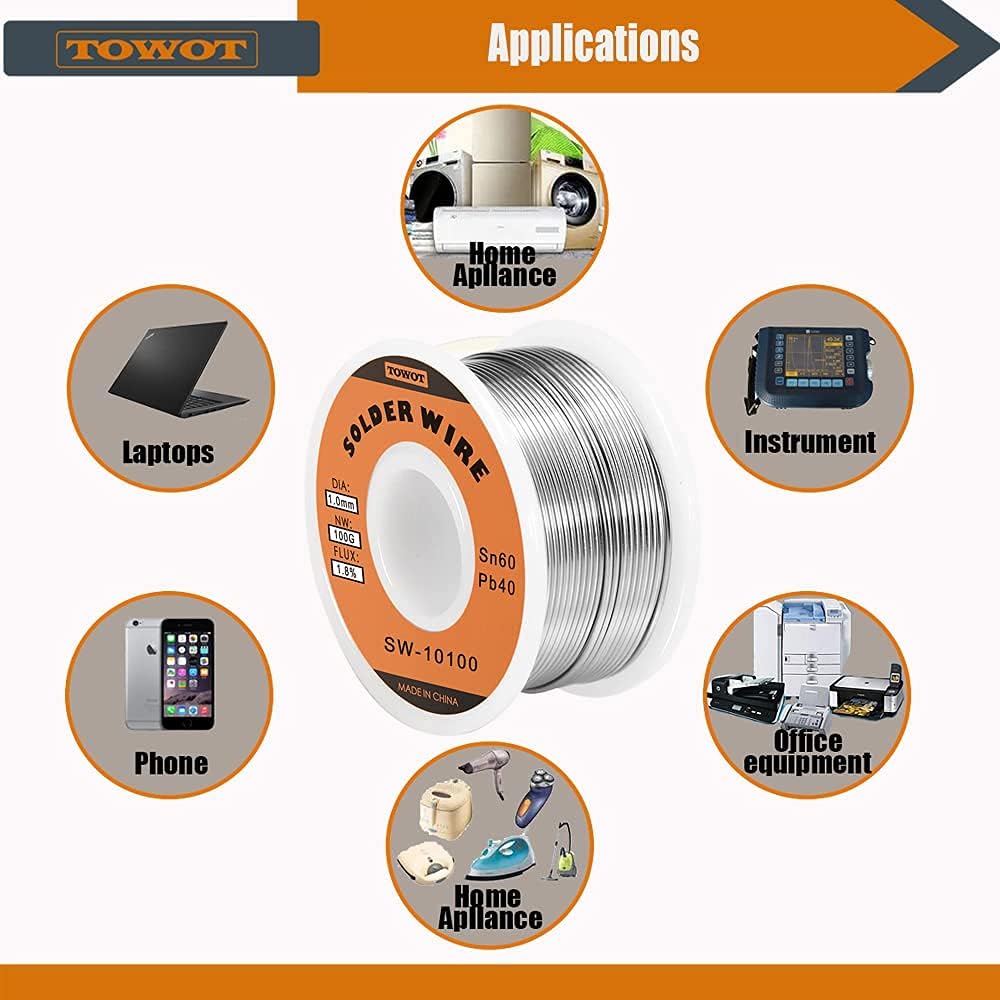 TOWOT Tin Lead Rosin Core Solder Wire for Electrical Soldering, Content 1.8% Solder flux Sn60-Pd40 (1.0mm, 100g) & Precision Tweezers, 5 PCS Machine Tweezers Made of Stainless Steel Heat Resistant fo