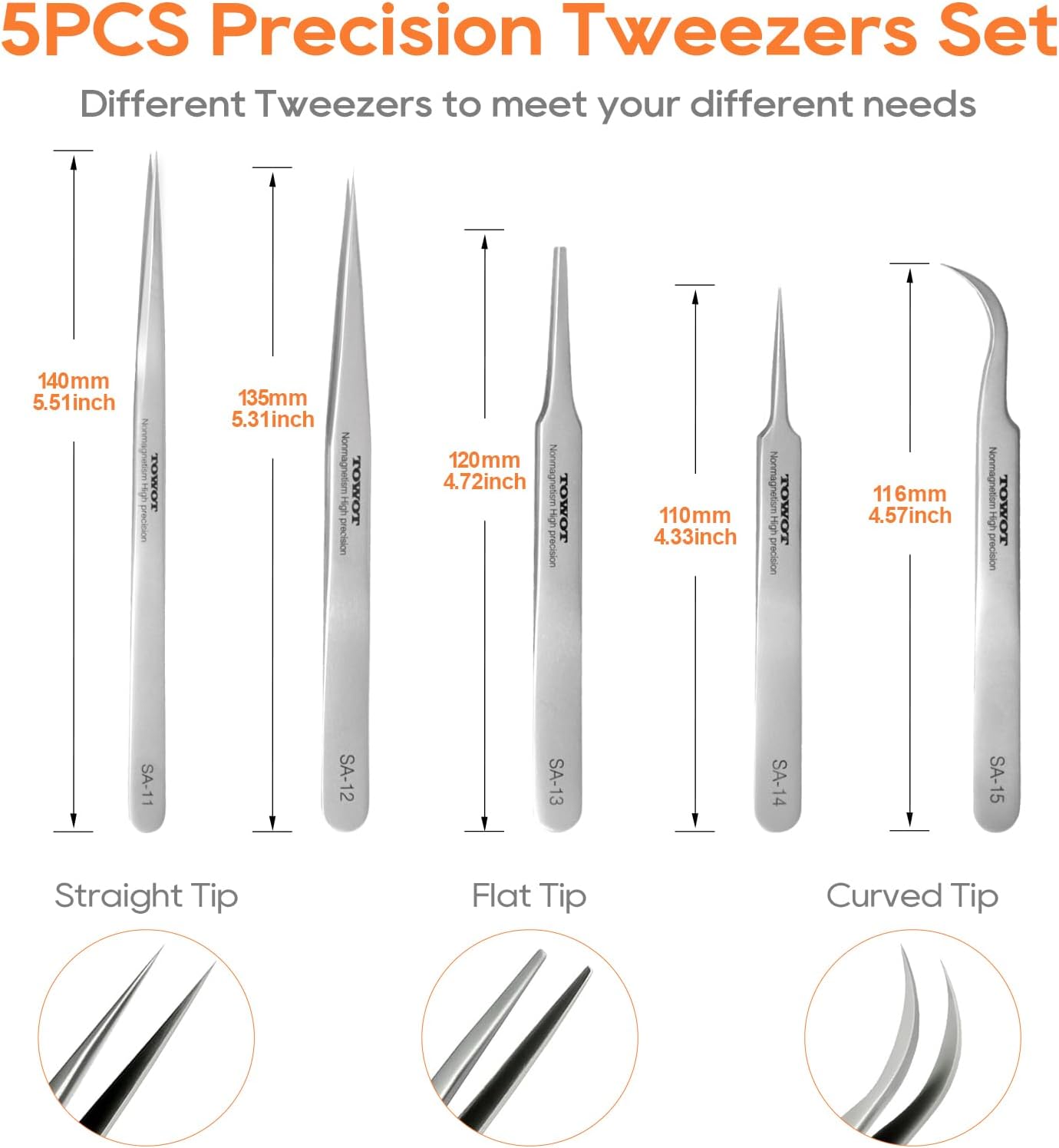 Precision Tweezers, 5 PCS Machine Tweezers Made of Stainless Steel Heat Resistant for Craft, Electronics, Soldering, Medical and Experimental Work, Jewelry-Making, Non-Magnetic Tweezers, by TOWOT