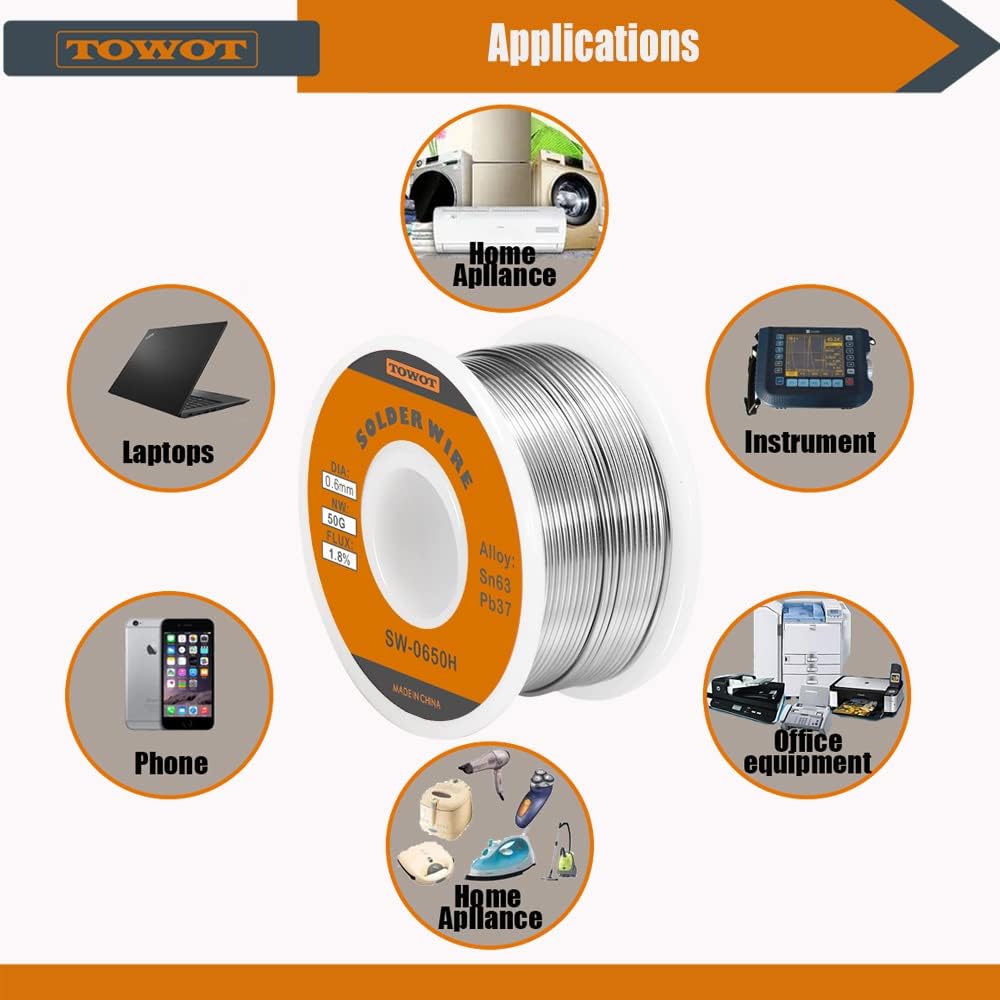 TOWOT 63-37 High Purity Tin Lead Rosin Core Solder Wire for Electrical Soldering, Content 1.8% Solder flux