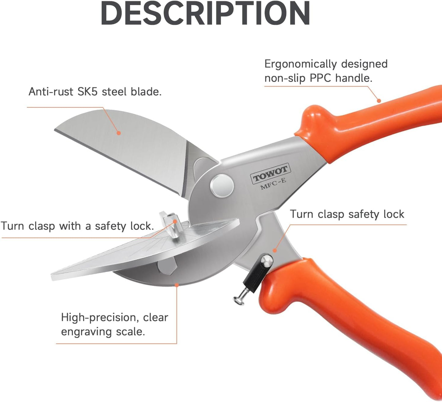 TOWOT Multi Angle Miter Shears, Angle Cutter Adjustable At 45 To 135 Degree With Safety Lock Miter Shears for Crafting, Plastic, PVC & Molding Trim, Angle Cutting Tool Including 2 Spare Blades