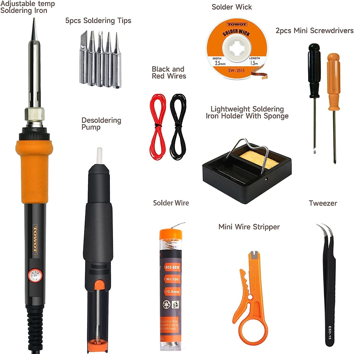 TOWOT Soldering Iron Kit, Electronic Soldering Iron 60W Adjustable Temperature, Deoldering Pump, Tin Wire, Solder Wick, Tweezers, Soldering Iron Tips Set, Soldering Iron Stand, Wire Strippers