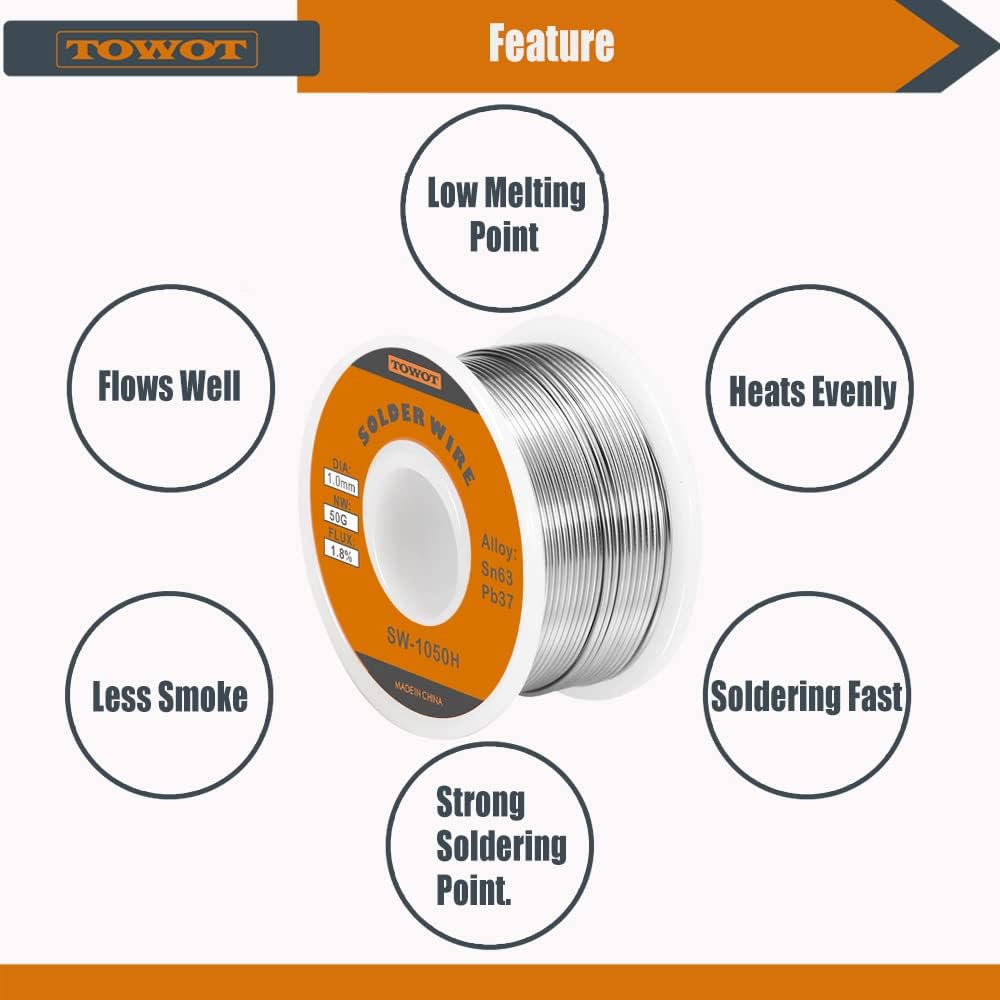 TOWOT 63-37 High Purity Tin Lead Rosin Core Solder Wire for Electrical Soldering, Content 1.8% Solder flux