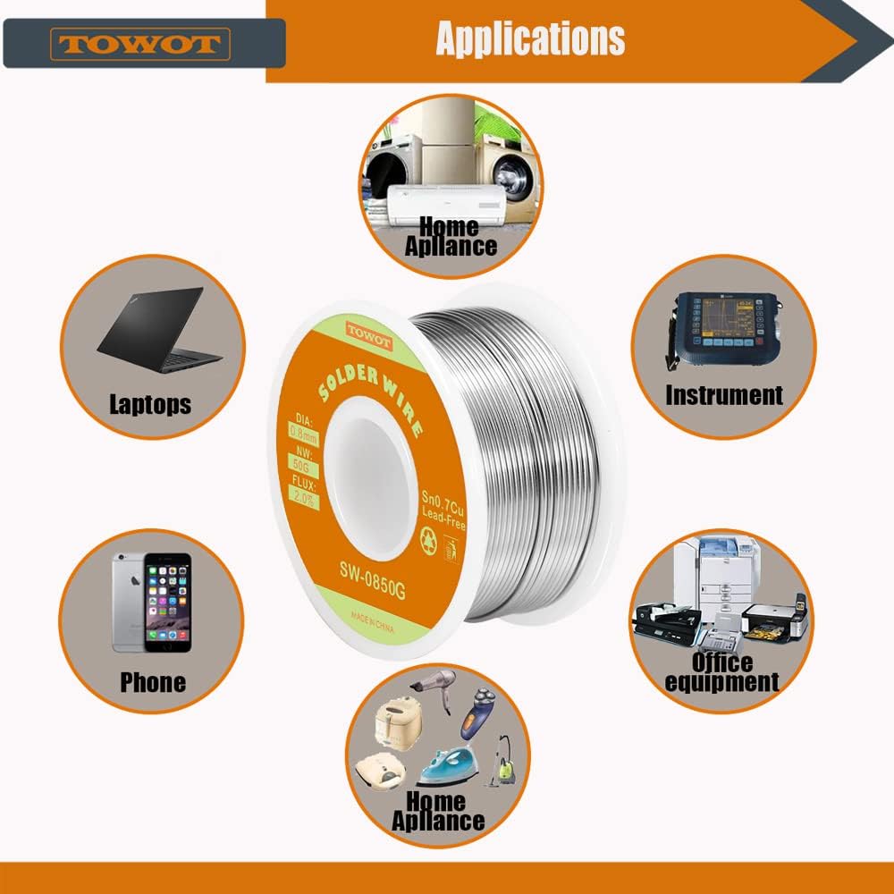 TOWOT Lead Free Rosin Core Solder Wire for Electrical Soldering, Content 2.0% Solder Flux Sn0.7Cu