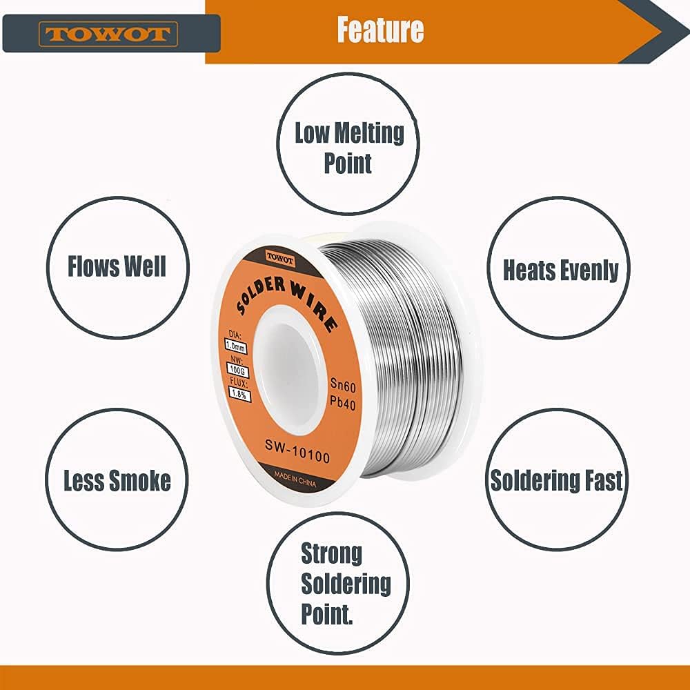 TOWOT Tin Lead Rosin Core Solder Wire for Electrical Soldering, Content 1.8% Solder flux Sn60-Pd40 (1.0mm, 100g) & Precision Tweezers, 5 PCS Machine Tweezers Made of Stainless Steel Heat Resistant fo