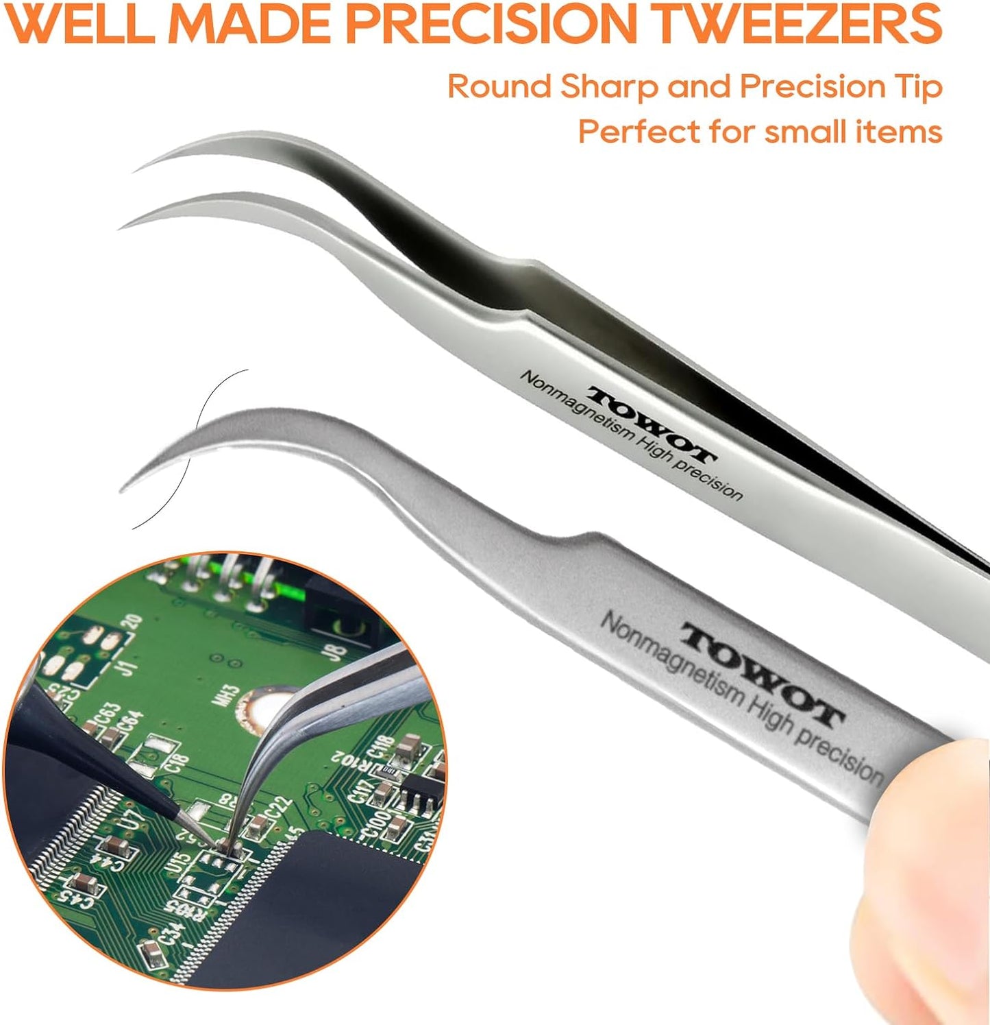 Precision Tweezers, 5 PCS Machine Tweezers Made of Stainless Steel Heat Resistant for Craft, Electronics, Soldering, Medical and Experimental Work, Jewelry-Making, Non-Magnetic Tweezers, by TOWOT
