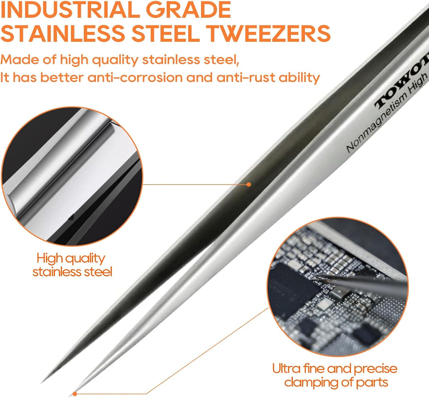 Precision Tweezers, 5 PCS Machine Tweezers Made of Stainless Steel Heat Resistant for Craft, Electronics, Soldering, Medical and Experimental Work, Jewelry-Making, Non-Magnetic Tweezers, by TOWOT