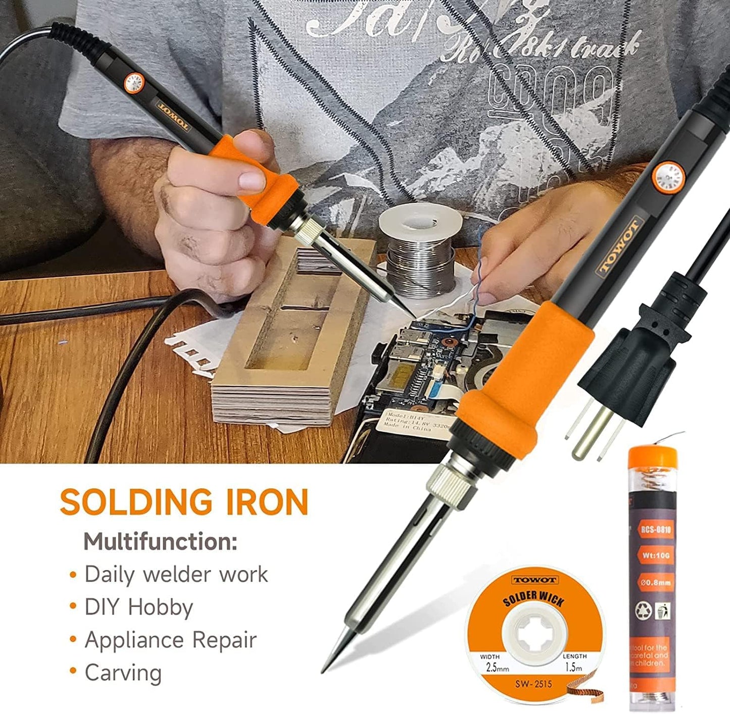 TOWOT Soldering Iron Kit, Electronic Soldering Iron 60W Adjustable Temperature, Solder Wire Solder Wick, 5PCS Soldering Tips