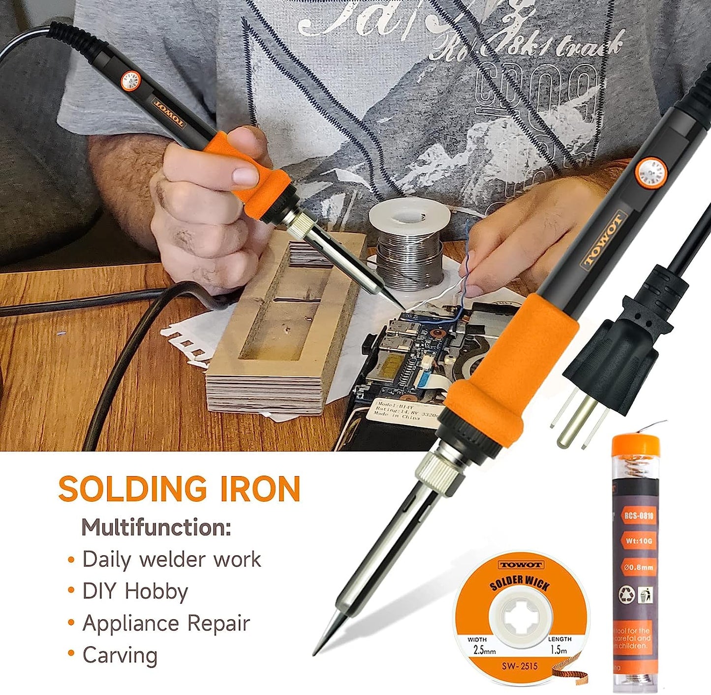 TOWOT Soldering Iron Kit, Electronic Soldering Iron 60W Adjustable Temperature, Deoldering Pump, Tin Wire, Solder Wick, Tweezers, Soldering Iron Tips Set, Soldering Iron Stand, Wire Strippers