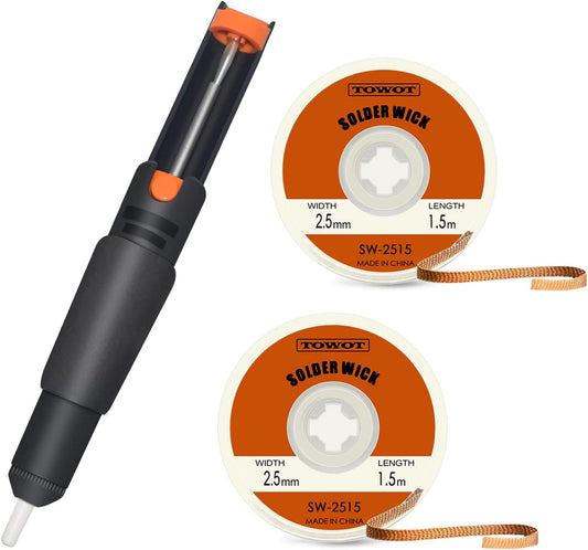 TOWOT Desolding Pump & 2PCS Desoldering Wick (Length: 1.5m; Width: 2.5mm) Used to Remove the Solder and Disassemble Electrical Components, No-Clean Solder Wick Braid