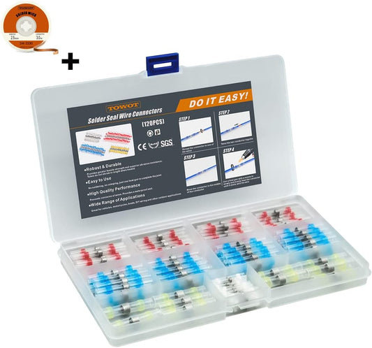 TOWOT No-Clean Solder Wick & 120PCS Heat Shrink Butt Connectors, Solder Seal Wire Connectors, Waterproof & Insulated & Corrosion Electrical Wire Terminals for Truck Marine Automotive Boat Wire Joint