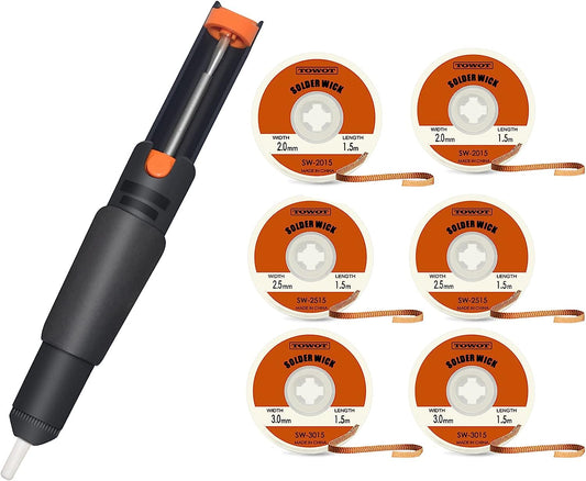 TOWOT Solder Wick & Desoldering Pump, 6 PCS Different Desoldering Wick & Solder Sucker-Desoldering Vacuum Pump Solder Remover