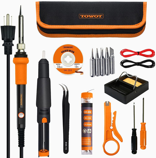 TOWOT Soldering Iron Kit, Electronic Soldering Iron 60W Adjustable Temperature, Deoldering Pump, Tin Wire, Solder Wick, Tweezers, Soldering Iron Tips Set, Soldering Iron Stand, Wire Strippers