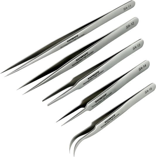 Precision Tweezers, 5 PCS Machine Tweezers Made of Stainless Steel Heat Resistant for Craft, Electronics, Soldering, Medical and Experimental Work, Jewelry-Making, Non-Magnetic Tweezers, by TOWOT