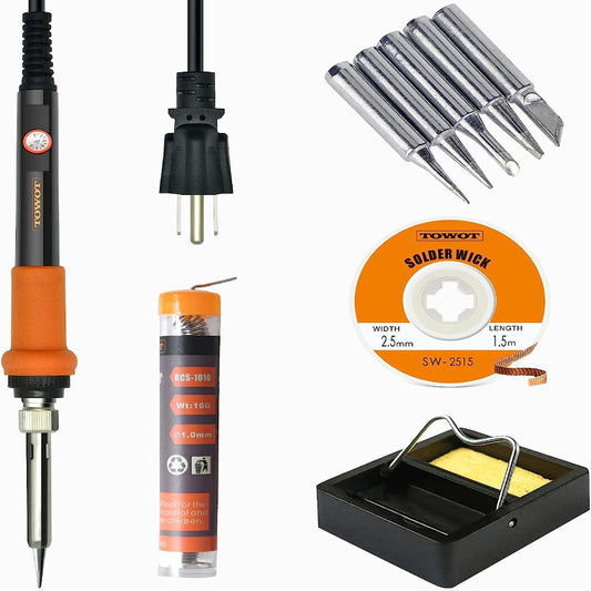 TOWOT Soldering Iron Kit, Electronic Soldering Iron 60W Adjustable Temperature, Solder Wire Solder Wick, 5PCS Soldering Tips
